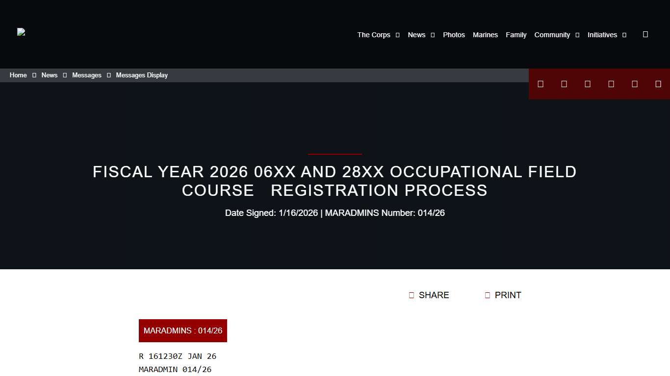 FISCAL YEAR 2026 06XX AND 28XX OCCUPATIONAL FIELD COURSE   REGISTRATION PROCESS > United States Marine Corps Flagship > Messages Display