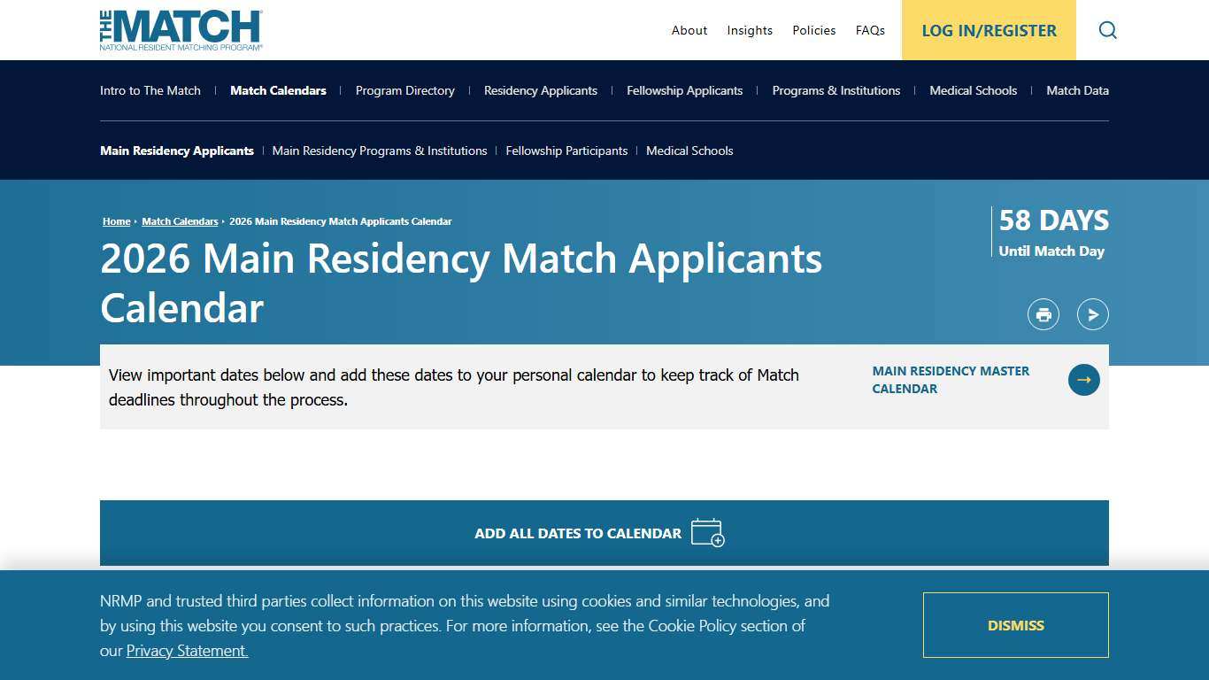 2026 Main Residency Match Applicants Calendar | NRMP
